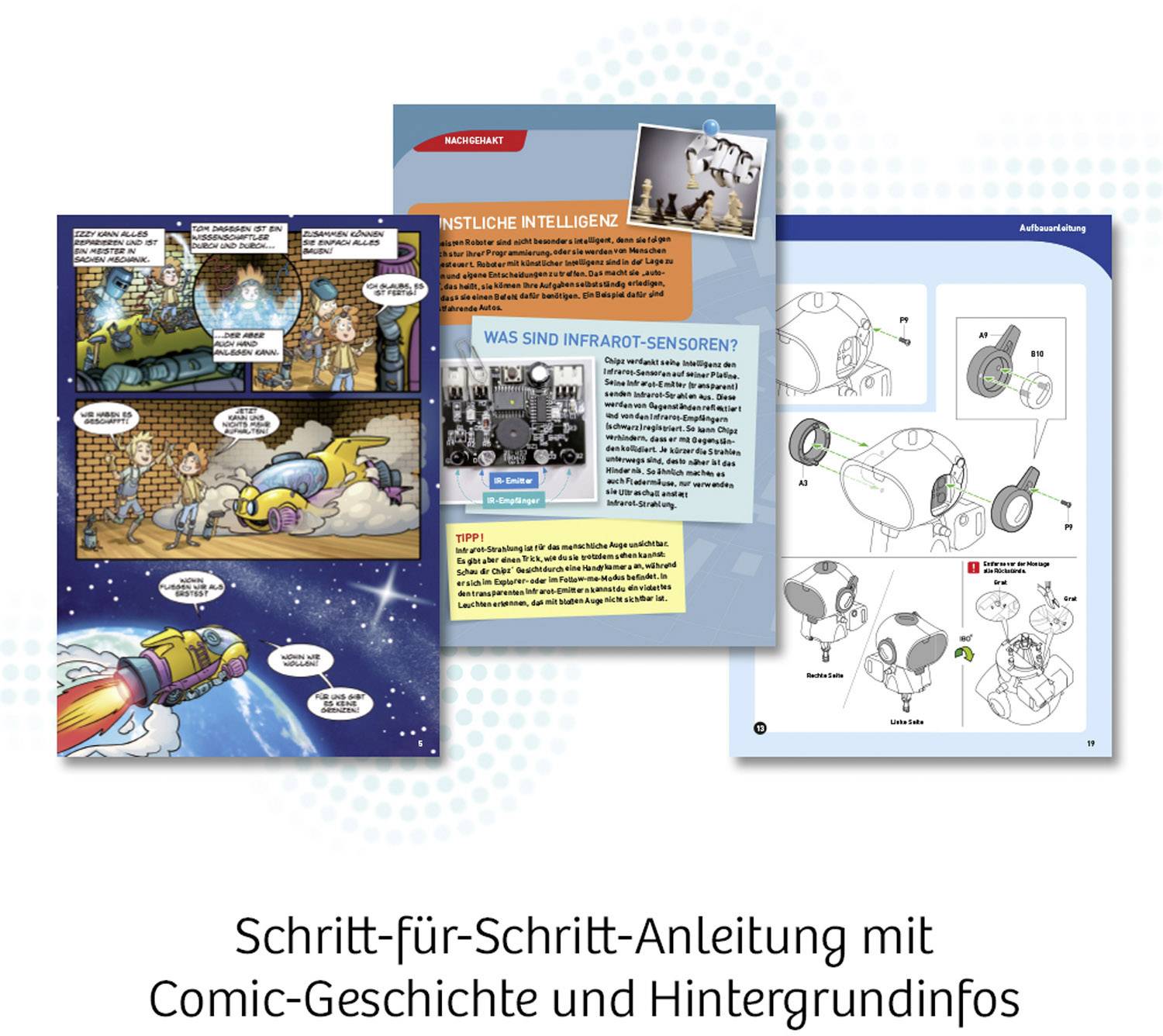 Schritt-für-Schritt-Anleitung kombiniert Comic-Geschichte über künstliche Intelligenz mit Hintergrundinfos und technischen Zeichnungen.