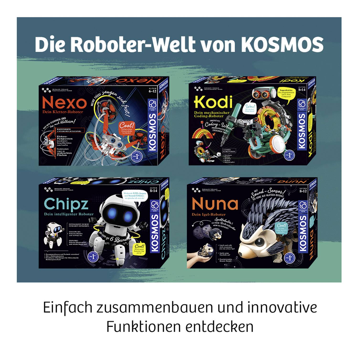 'Nexo', 'Kodi', 'Chipz' und 'Nuna' Roboter-Kits auf blauen Kartons von KOSMOS. Text oben: 'Die Roboter-Welt von KOSMOS'.