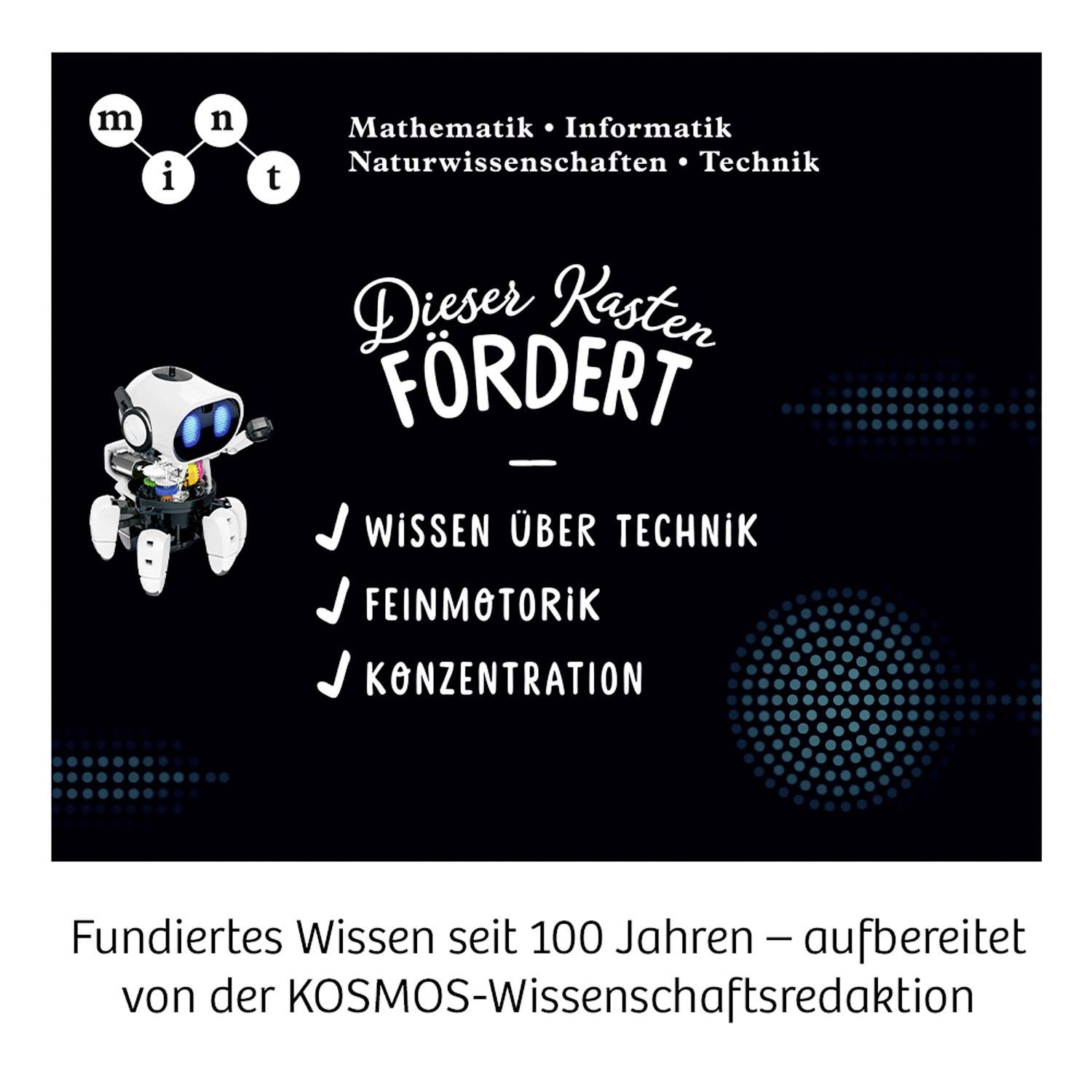 'Dieser Kasten fördert Wissen über Technik, Feinmotorik, Konzentration.' Oben steht 'Mathematik, Informatik, Naturwissenschaften, Technik'. Ein Roboter zeigt auf den Text.