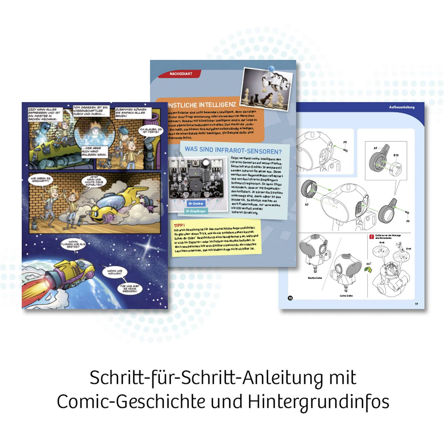 'Schritt-für-Schritt-Anleitung mit Comic-Geschichte und Hintergrundinfos' zeigt ein Comic mit Figuren und technische Detailschritte.