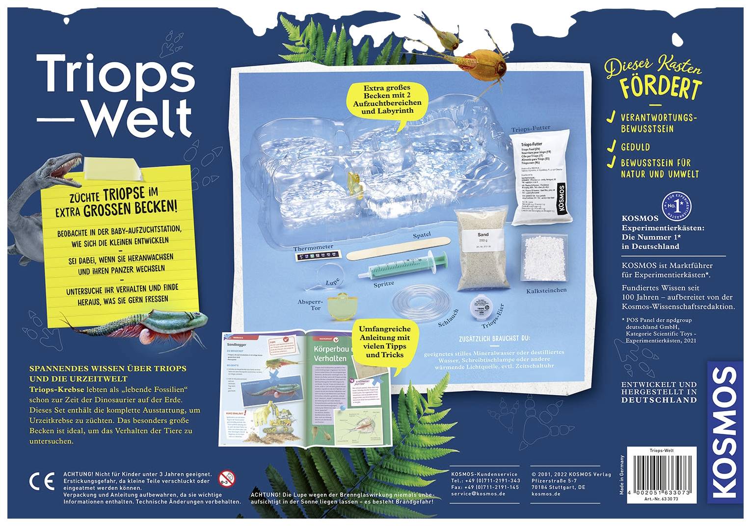 'Triops-Welt' Verpackung mit Abbildung eines Aquariums, Triops, Zubehör und Broschüren. Text betont Bildung und Umweltbewusstsein.