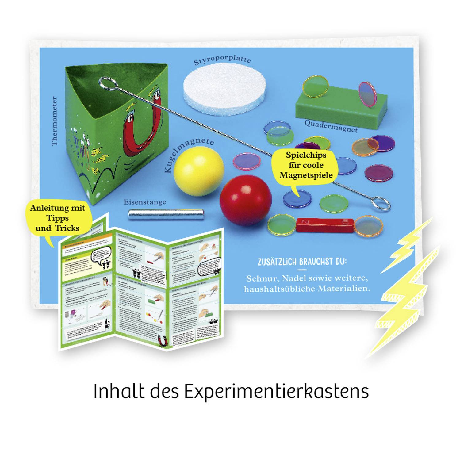 Experimentierkasten mit Styroporplatte, Thermometer, Kugelmagnete, Anleitung und weiteren Materialien für Magnetspiele.