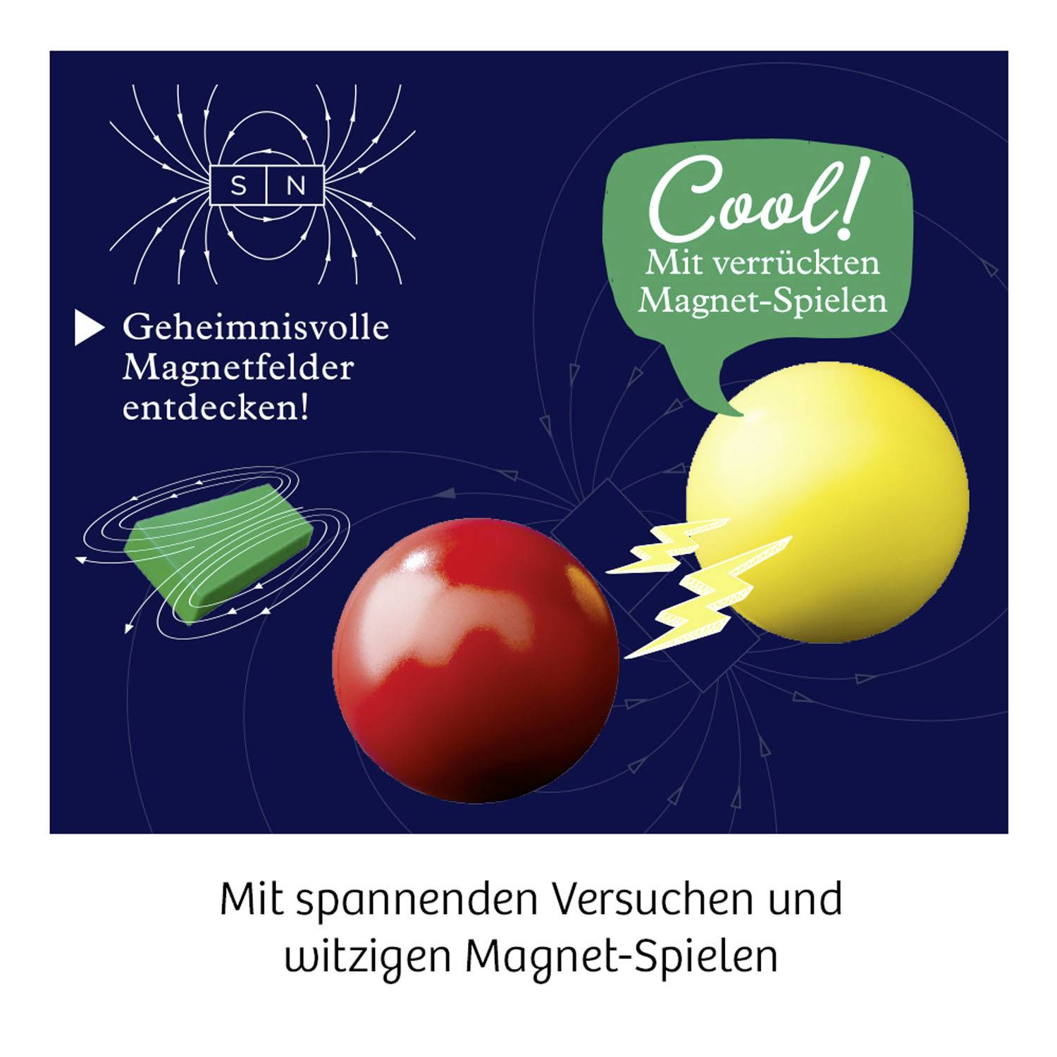 Bild zeigt zwei Kugeln mit elektrischen Symbolen, grüne UFO-Grafik, Text 'Geheimnisvolle Magnetfelder entdecken!' und 'Cool! Mit verrückten Magnet-Spielen'.