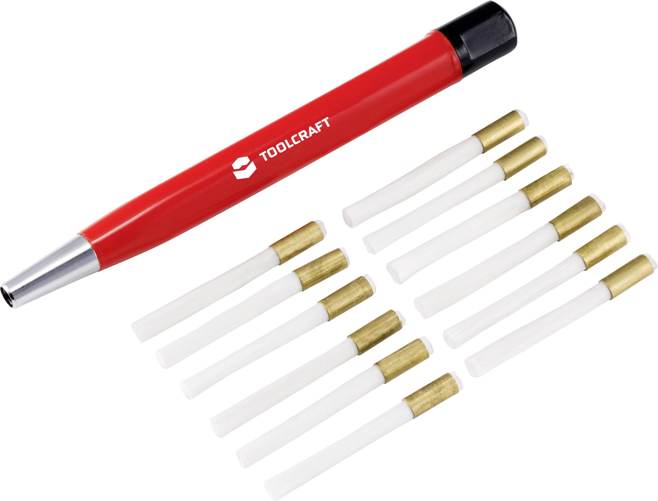 Roter Entgratungsstift mit 'Toolcraft'-Logo und zehn Ersatzklingen mit Messingmanschetten, angeordnet neben dem Stift.