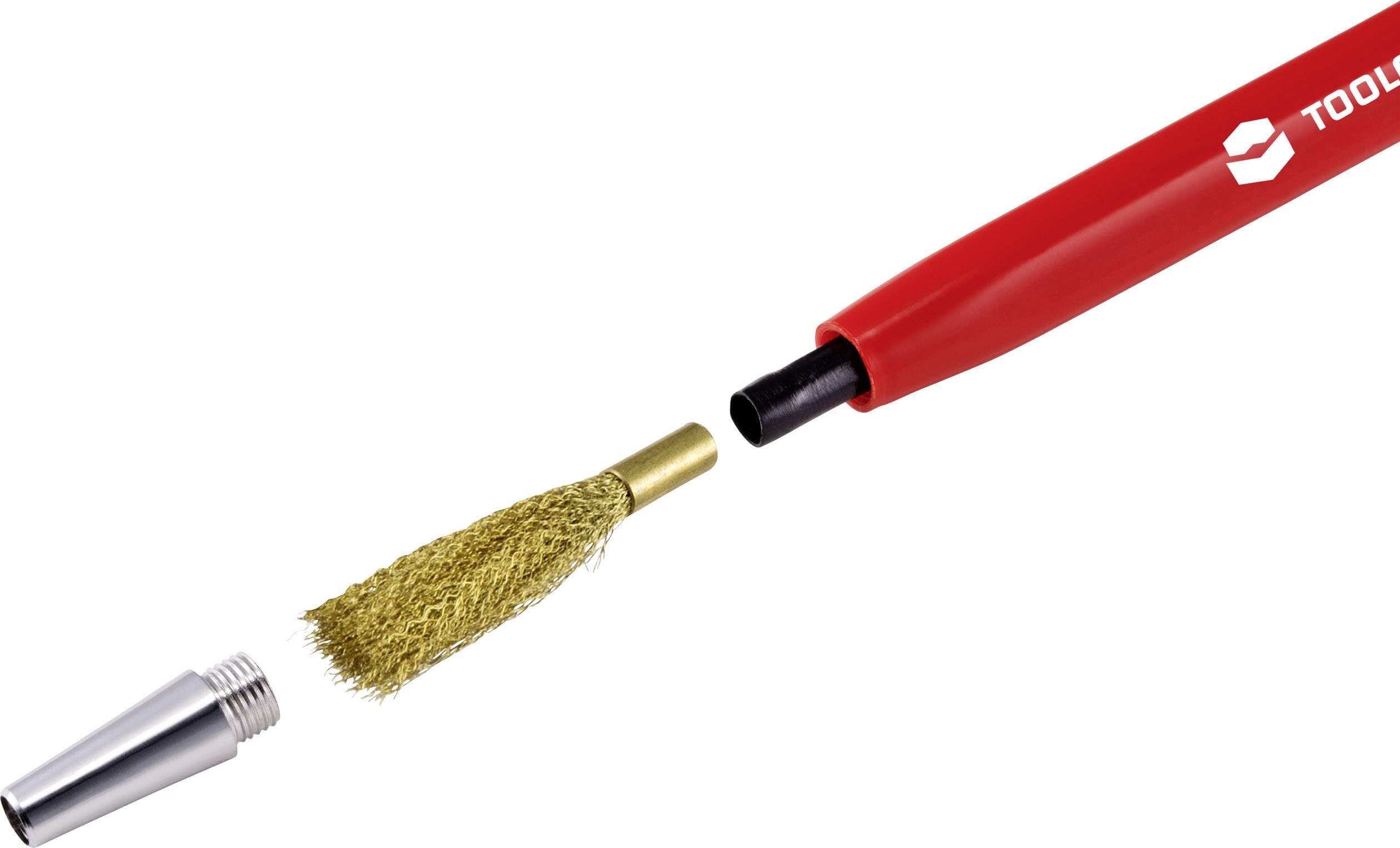 Rote Reinigungsbürste mit abnehmbarem goldenen Bürstenkopf und schwarzem Griff.