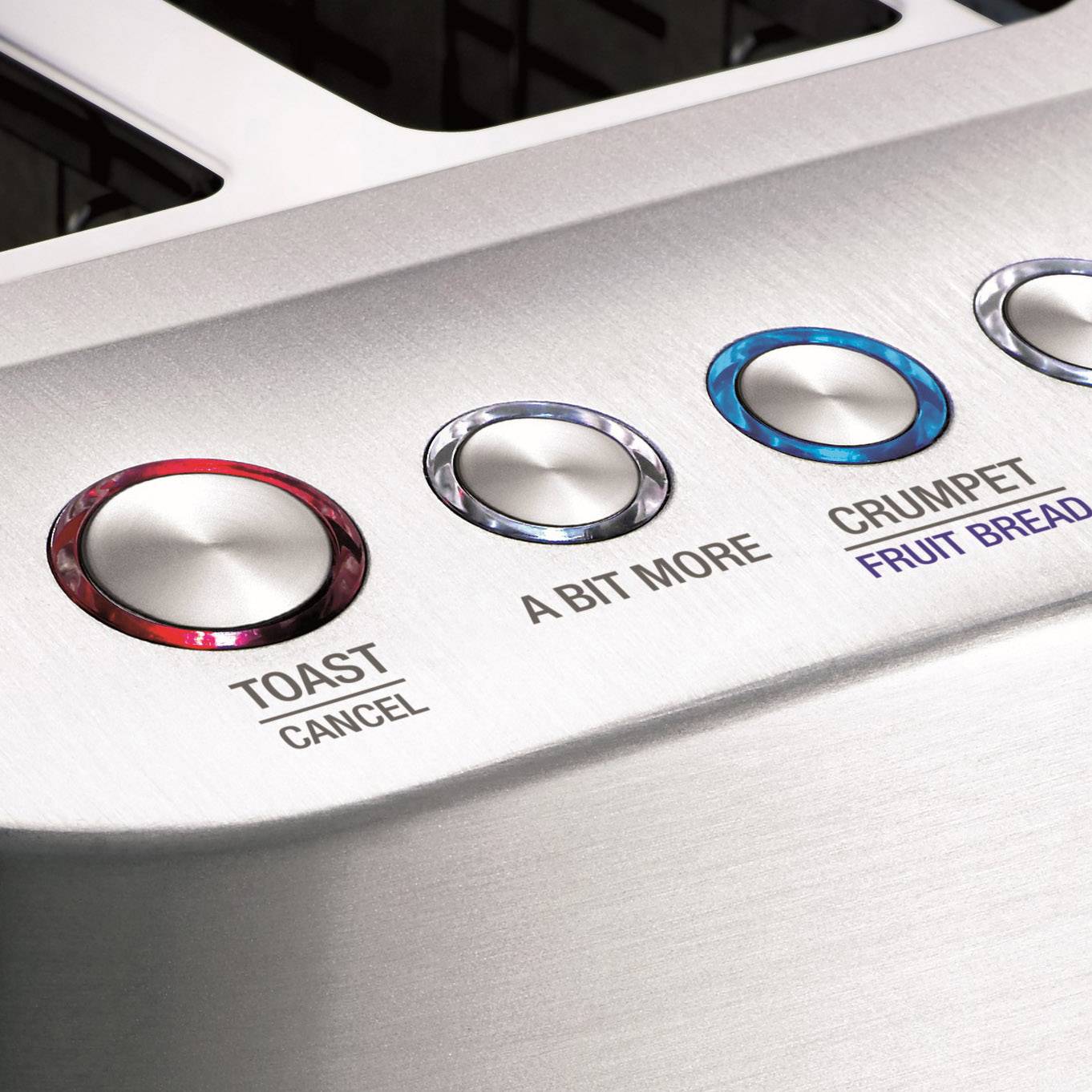 Ein Toaster-Bedienfeld mit vier Tasten: 'Toast', 'A Bit More', 'Crumpet', 'Fruit Bread'. Jede Taste hat eine eigene Farbe.