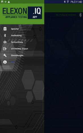Ein Bildschirm mit der App 'Elexon IQ'. Menüoptionen: Speicher, Verbindung, Selbstprüfung, Export, Einstellungen, Hilfe.