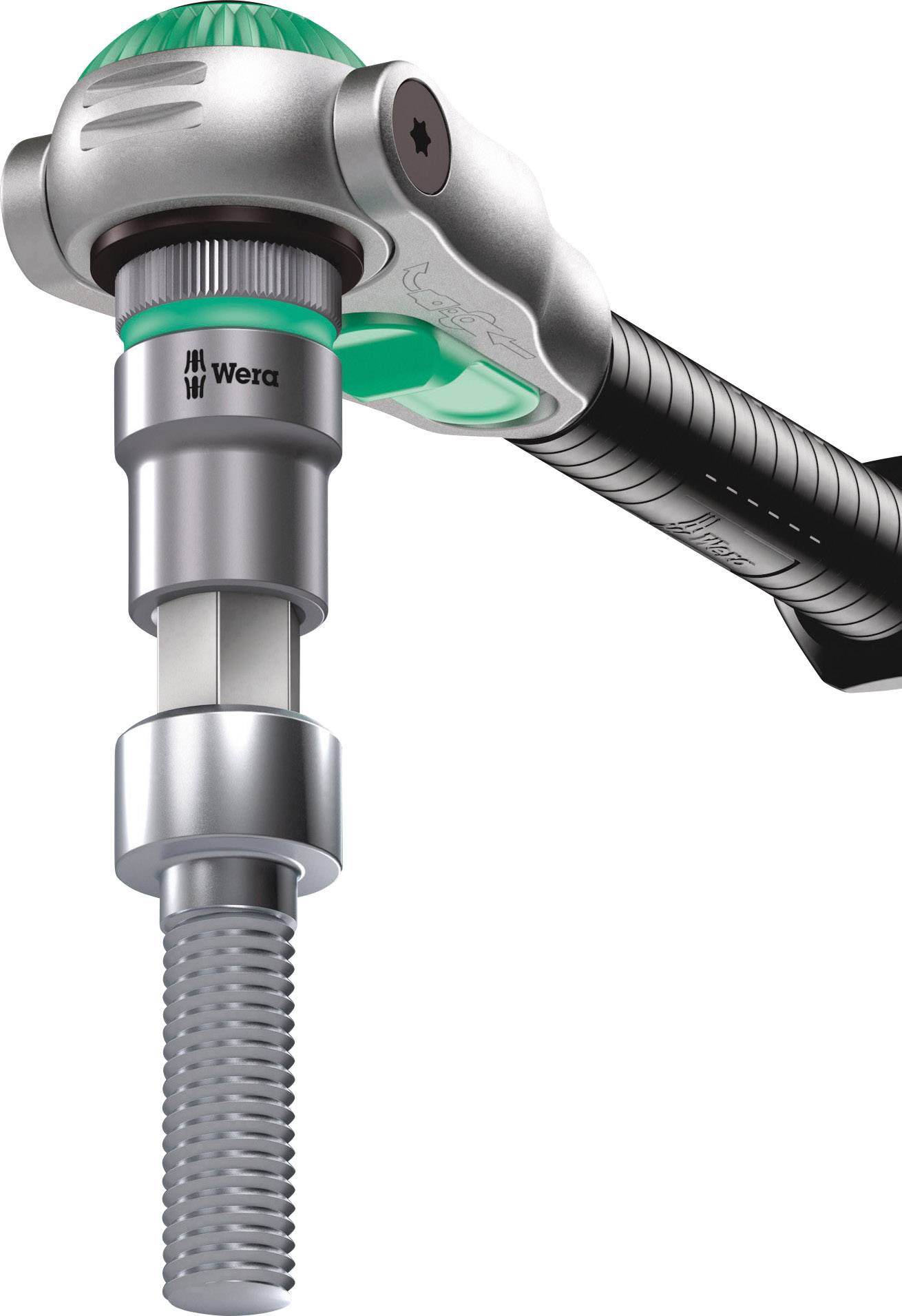 Ein Schraubenschlüssel der Marke Wera mit ergonomischem Griff und austauschbarer Schraubeinsatz, geeignet für präzises Arbeiten.