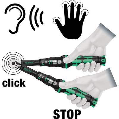 Zwei Hände halten Werkzeuge, eines mit der Aufschrift 'click' und das andere 'STOP'. Symbole: Ohr mit Wellen, Hand.