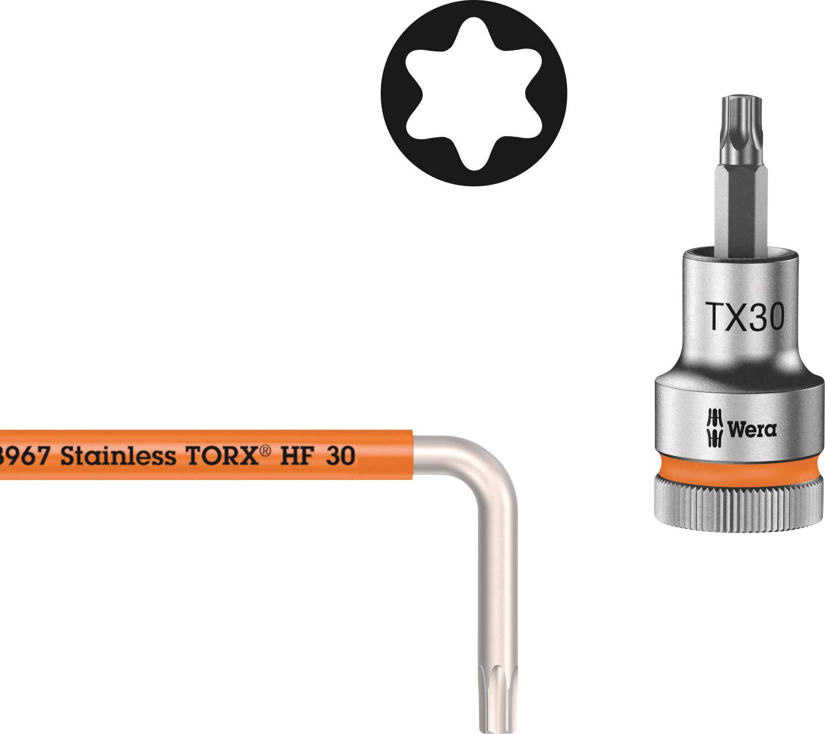 Ein L-förmiger TORX-Schlüssel und ein TORX-Stecknuss mit Beschriftung 'TX30' von Wera, mit einem Symbol für den TORX-Stern.