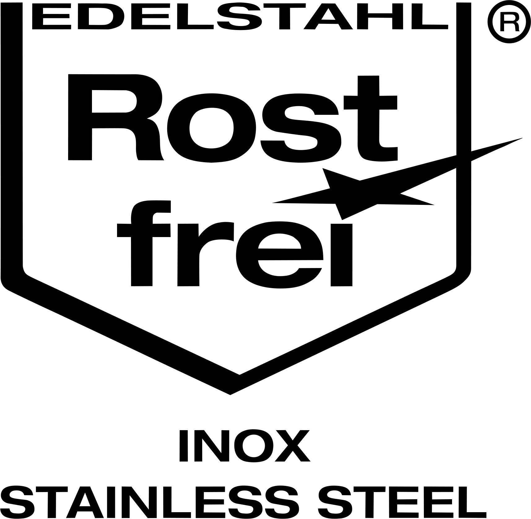 'Edelstahl Rostfrei' Logo, zeigt einen stilisierten Pfeil. Beschriftung unten: 'INOX STAINLESS STEEL'. Symbolisiert rostfreies Edelstahl.