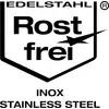 'Edelstahl Rostfrei' Logo, zeigt einen stilisierten Pfeil. Beschriftung unten: 'INOX STAINLESS STEEL'. Symbolisiert rostfreies Edelstahl.