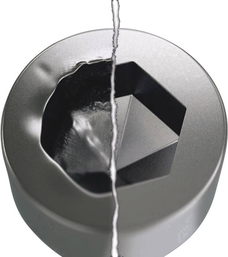 Ein metallischer Deckel mit einer hexagonalen Vertiefung, wobei die linke Hälfte korrodiert und die rechte Hälfte intakt ist, getrennt durch einen Riss in der Mitte.