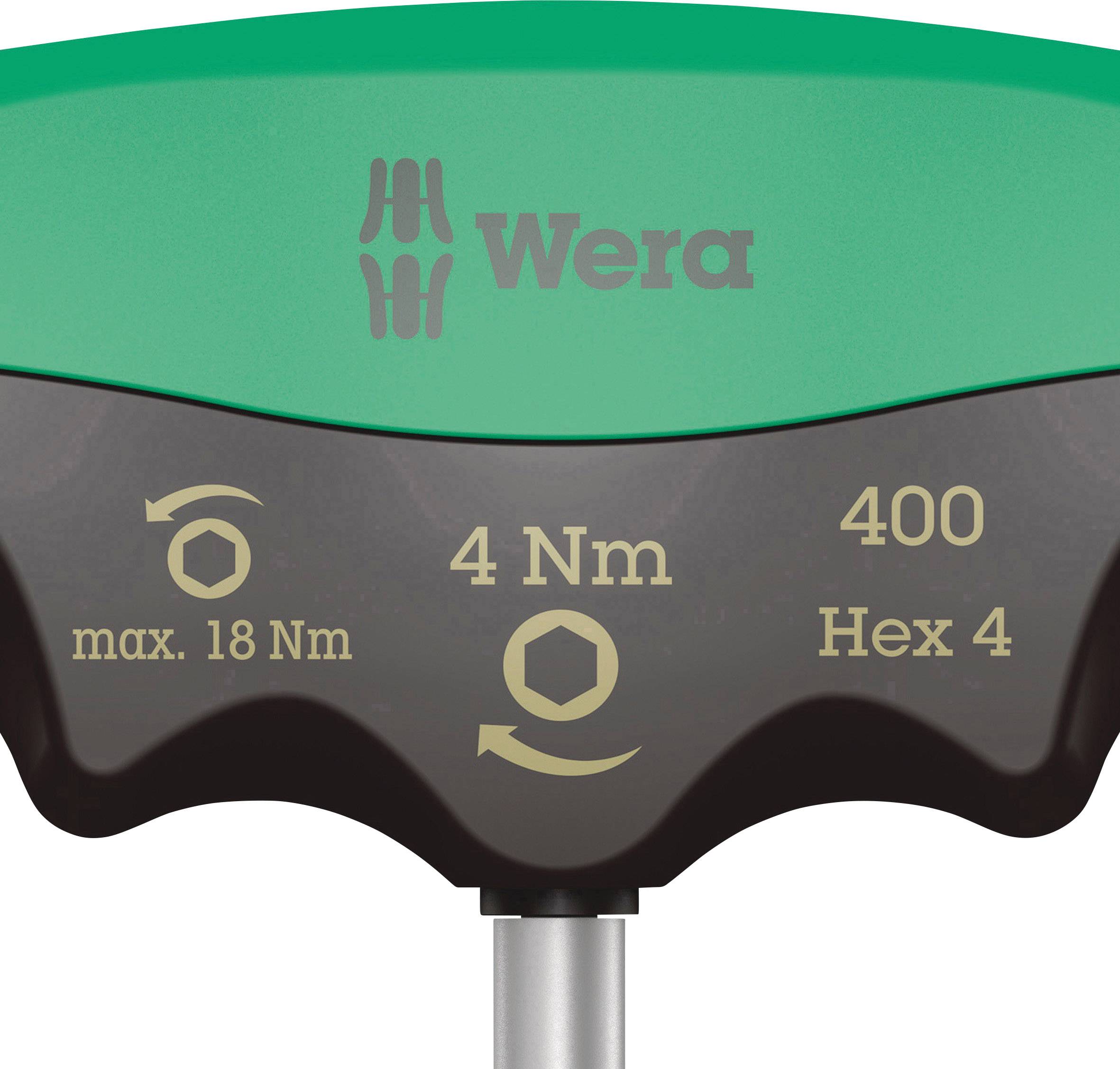 Grüner Drehmomentschlüssel von Wera mit maximal 18 Nm. Einstellungen zeigen 4 Nm, Hex 4.