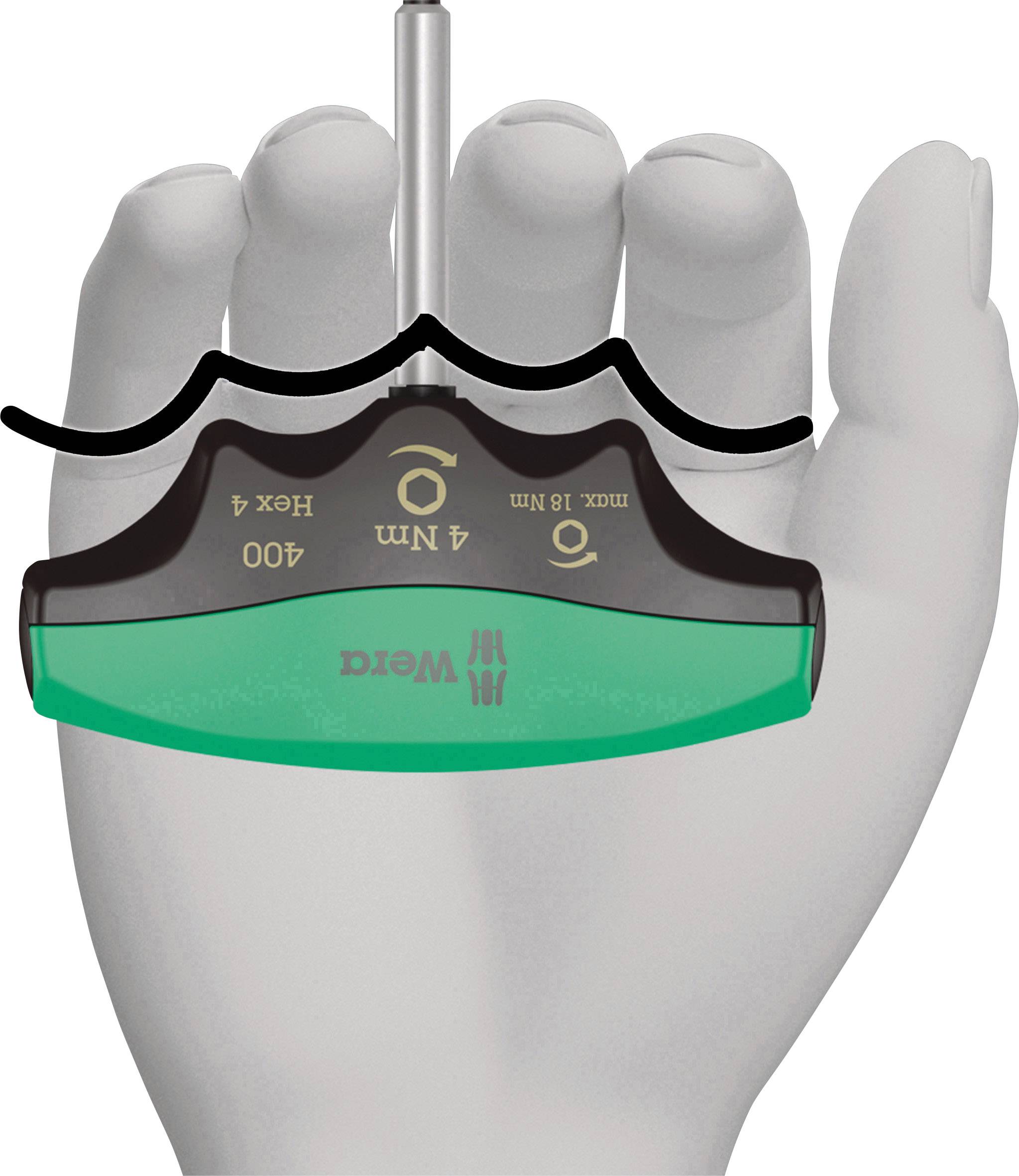 Eine Hand hält einen T-förmigen Schraubendreher mit grünem Griff; Markierungen zeigen die Größen: HEX 4, NM 4, max 16 NM.