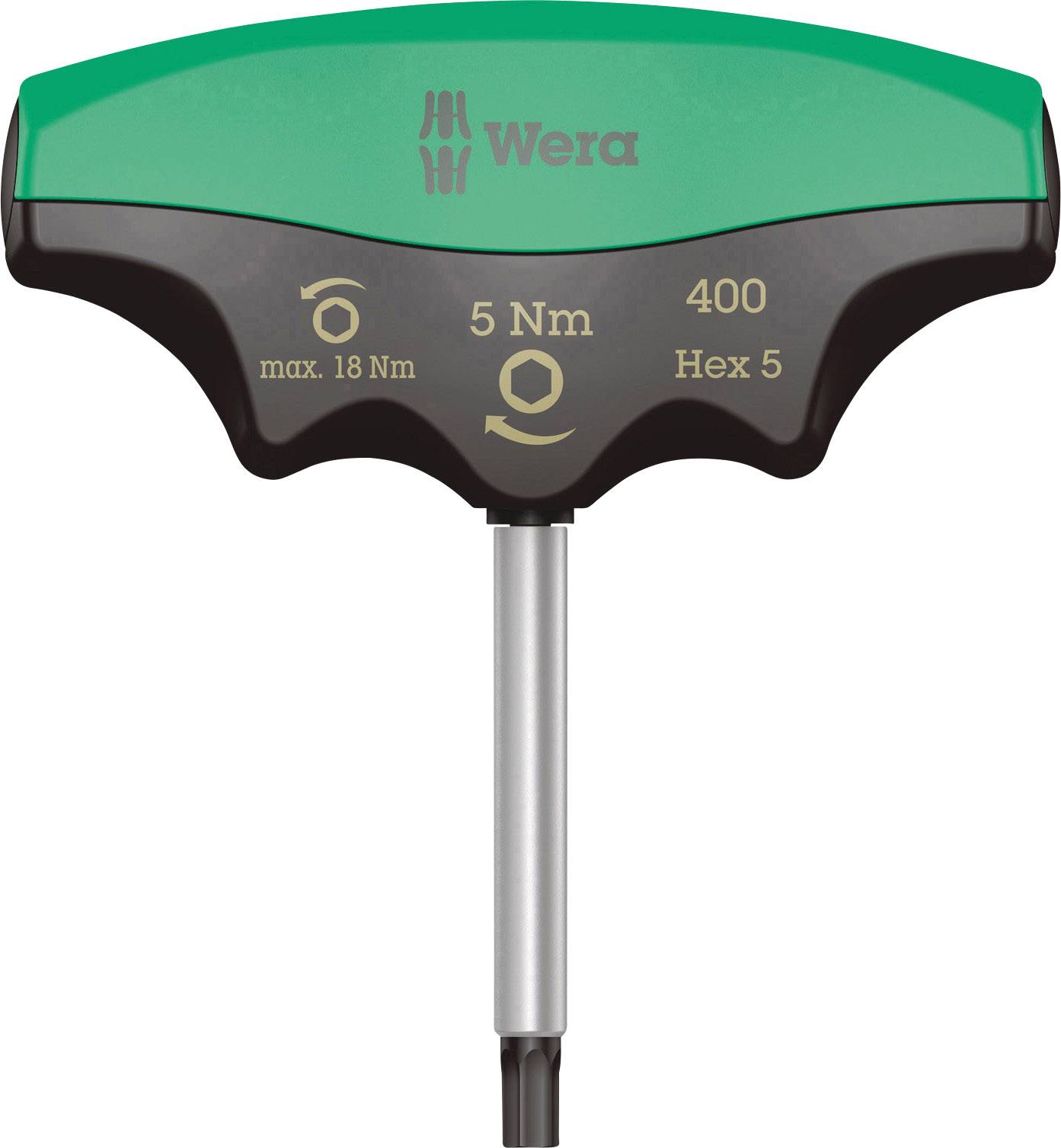 Drehmomentschlüssel von Wera, T-Griff, grün und schwarz, mit Markierungen 'max. 18 Nm', '5 Nm', '400 Hex 5'.