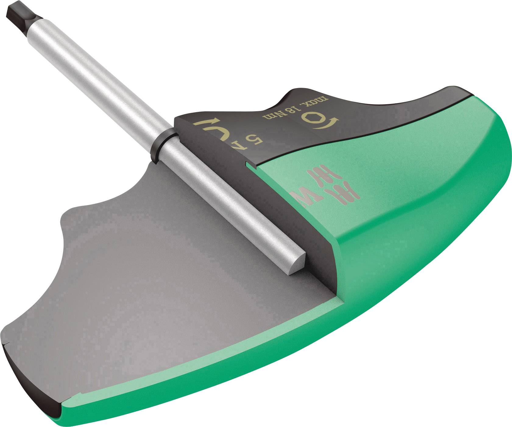 Ein grüner, T-förmiger Sechskantschlüssel mit einem ergonomischen Griff und einer Metallspitze, verwendet zum Festziehen von Schrauben.