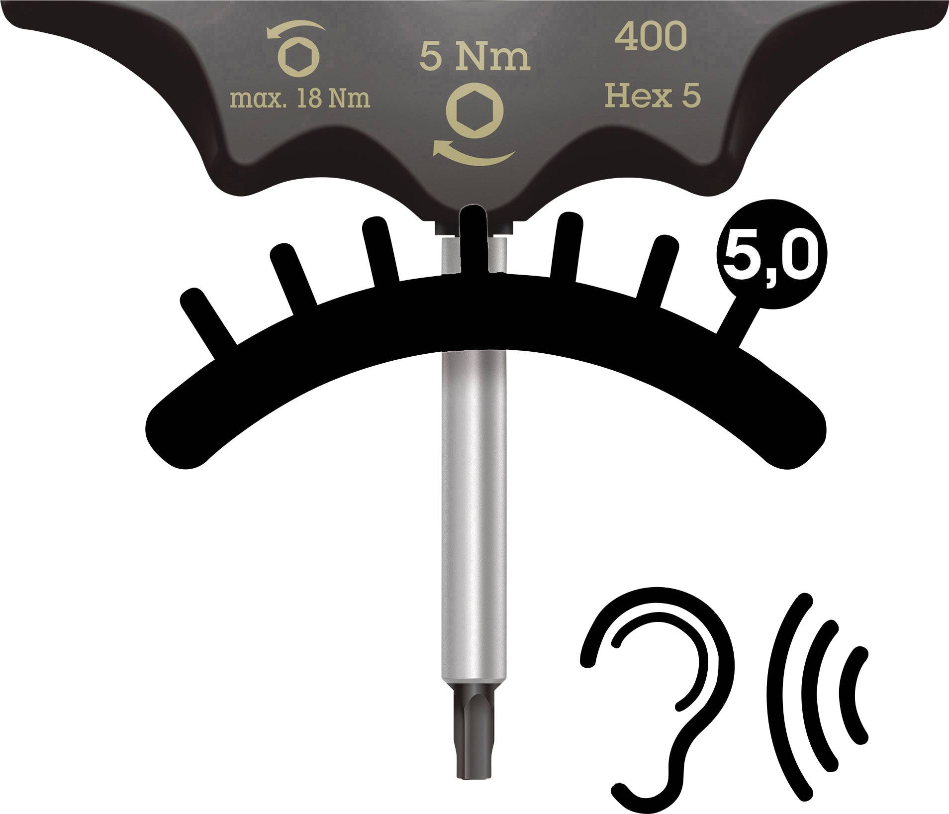 Drehmoment-Dreher: zeigt 5 Nm mit Skala. Maximal 18 Nm und 400 Hex 5 kompatibel. Ohrensymbol für akustisches Feedback.