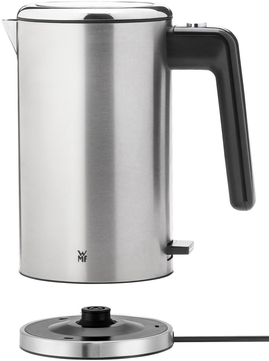 Silberner elektrischer Wasserkocher mit schwarzem Griff und abnehmbarer Basis, geeignet zum schnellen Erhitzen von Wasser in der Küche.