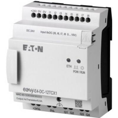 Programmierbarer Logikcontroller der Marke Eaton, Modell EA9-Y-E4-DC-12TCX1, mit Anschlüssen und LED-Anzeigen für Stromversorgung.