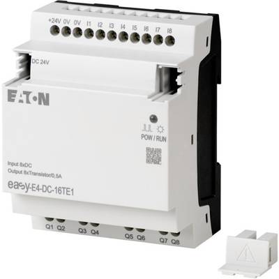 Ein Industrie-Controller von Eaton mit der Bezeichnung 'easyE4-DC-16TE1', zeigt Eingang/Ausgang-Anschlüsse und Statusanzeigen an der Vorderseite.