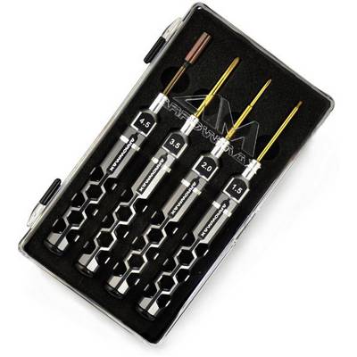 Ein Set von vier präzisen Schraubendrehern in einem Koffer, gekennzeichnet mit Größenangaben 1.5, 2.0, 3.5, und 4.5 für feine Arbeiten.