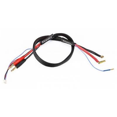 Mehradriges Kabel mit verschiedenen Anschlüssen und Steckerformen, z. B. Bananenstecker und Steckverbinder, auf weißem Hintergrund.