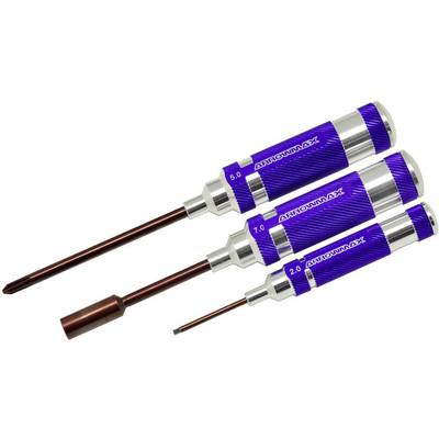 'Drei Precision-Schraubendreher mit blauen Griffen und unterschiedlichen Spitzenstärken: 5,0 mm, 7,0 mm, 2,0 mm.'
