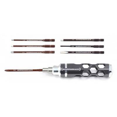 Ein multifunktionales Schraubendreher-Set mit einem ergonomischen Griff und sechs austauschbaren Einsätzen in verschiedenen Größen.