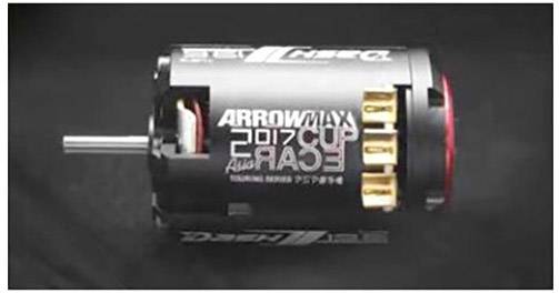 Ein schwarzer Elektromotor mit der Aufschrift 'ARROWMAX 2017 CUP RACER', mehreren goldenen Anschlüssen und einem hervorstehenden Schaft.