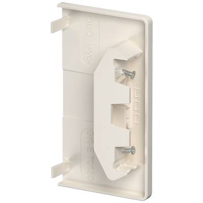 Abdeckung aus weißem Kunststoff für eine Wand- oder Deckeninstallation. Rechteckig mit Befestigungsschrauben und zwei seitlichen Clips.