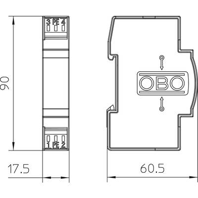 Technische Zeichnung eines Elektroteils mit Abmessungen: 90 mm Höhe, 17,5 mm Breite und 60,5 mm Tiefe. Steckplätze sind markiert.
