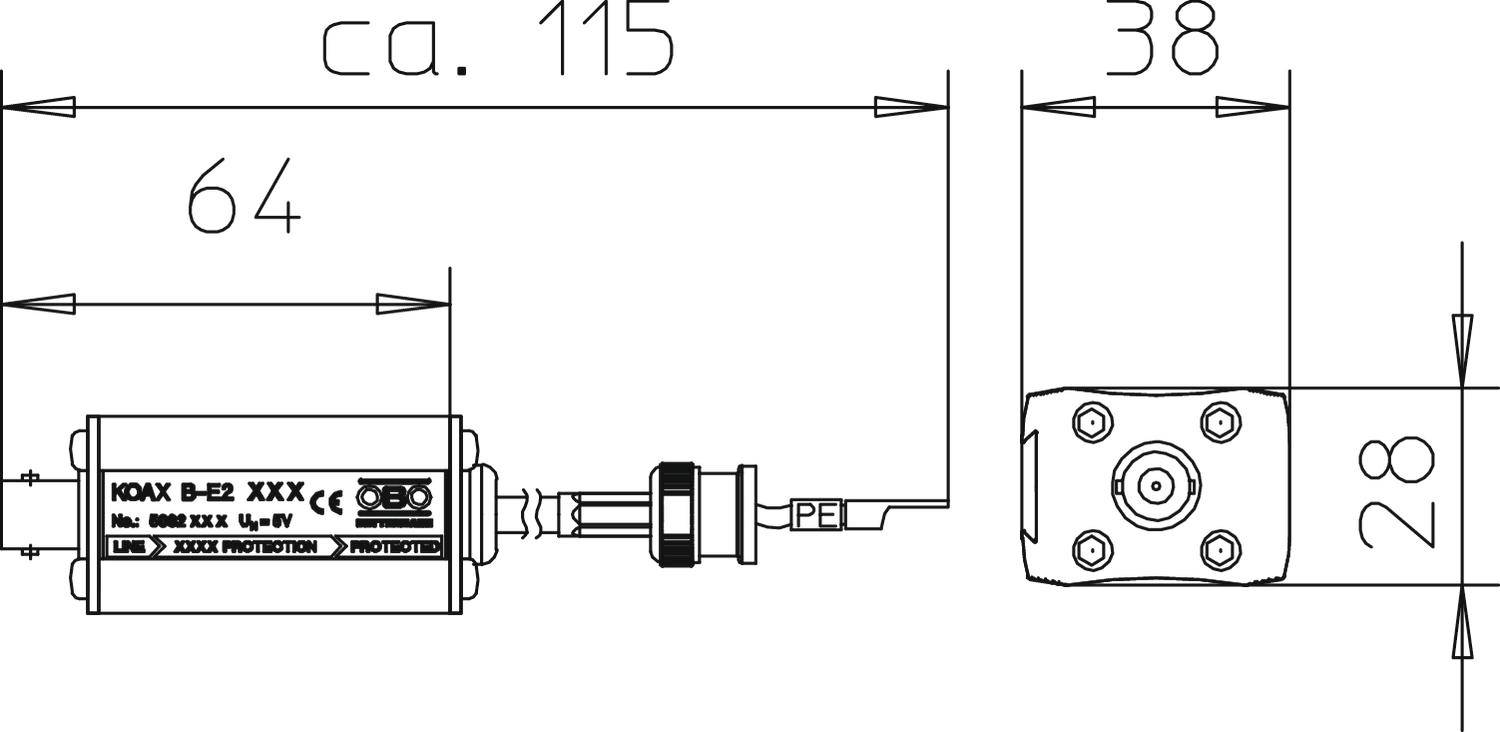 Technische Zeichnung eines Kodax B-e2 Sensors mit Abmessungen: Länge ca. 115 mm, Breite 28 mm, Anschluss seitlich.