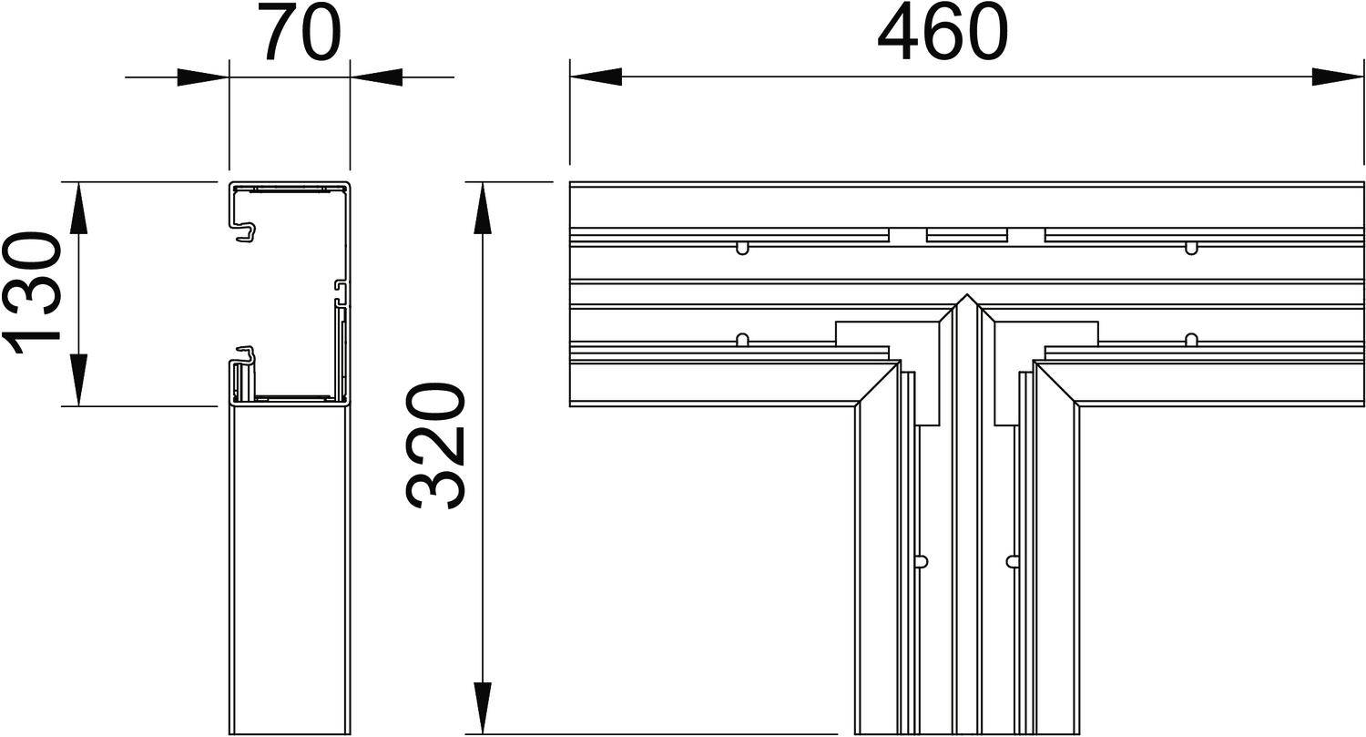 Technische Zeichnung eines T-Verbindungsstücks aus Metall mit Maßen: 460 mm Breite, 320 mm Höhe und 130 mm Tiefe. Seitenansicht: 70 mm Breite.