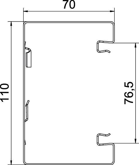 Technische Zeichnung eines rechteckigen Profils. Oben: Breite 70 mm. Seitenhöhe: 110 mm. Innere Höhe 76,5 mm. Darstellung ohne Maßstab.