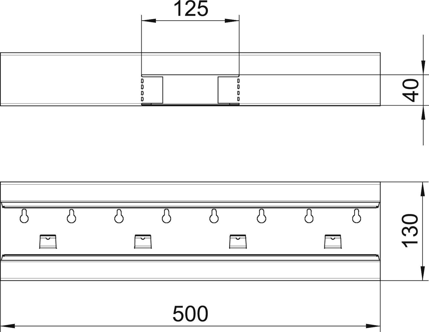 Technische Zeichnung einer Bauteilleiste mit Maßen: Länge 500 mm, Höhe 130 mm, obere Breite 125 mm, obere Tiefe 40 mm.