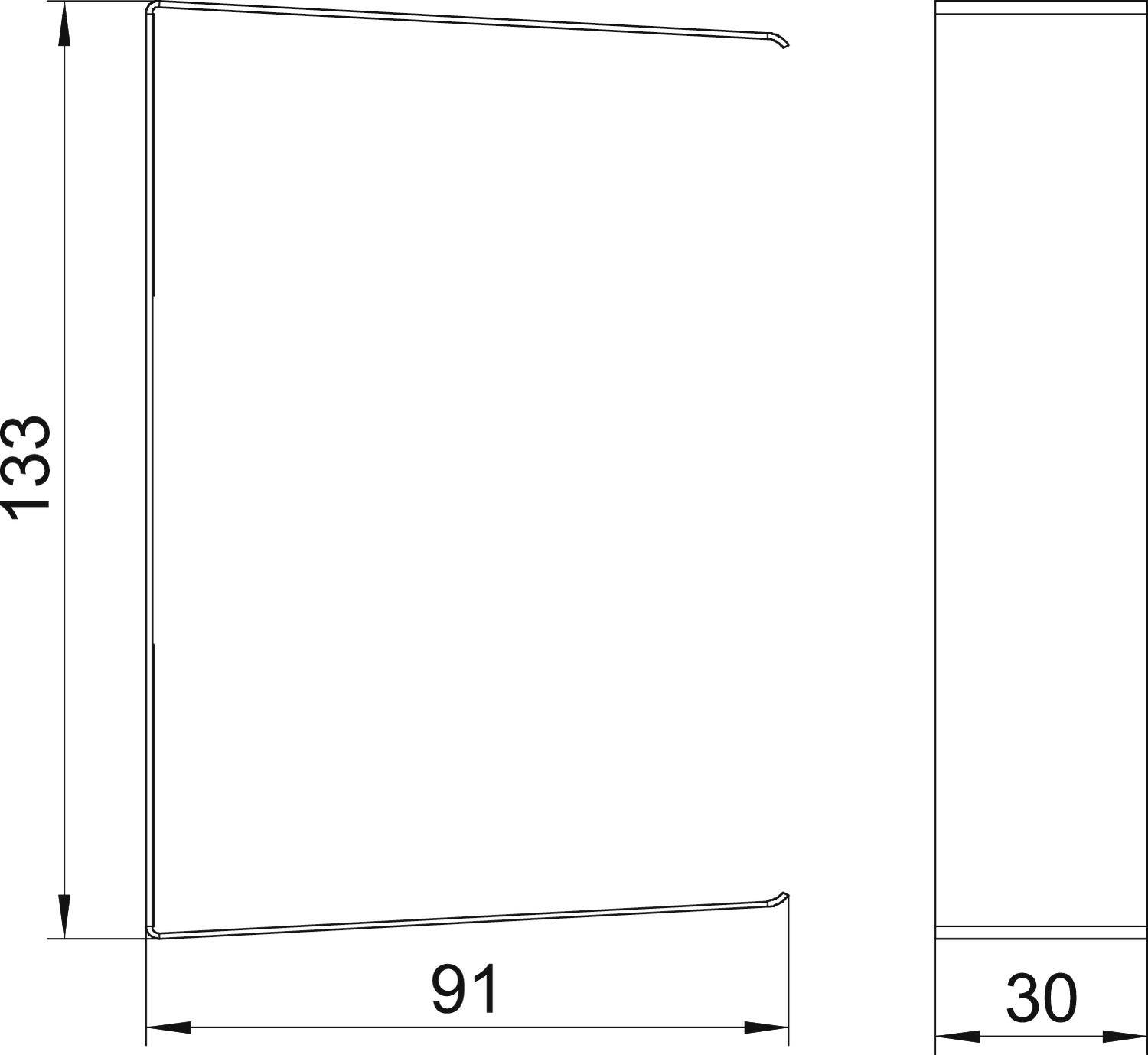 Technische Zeichnung eines Profils mit den Maßen 133 mm Höhe, 91 mm Breite und einer Tiefe von 30 mm.