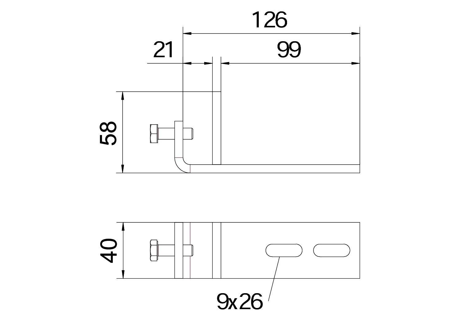 Technische Zeichnung einer Metallhalterung mit Maßen: Länge 126 mm, Höhe 58 mm, Breite 40 mm. Schraubenlöcher 9x26 mm.