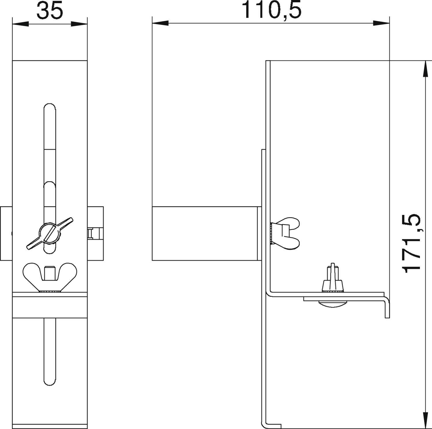 Technische Zeichnung eines mechanischen Bauteils mit Maßen: 35 mm Breite, 110,5 mm Länge, 171,5 mm Höhe. Zeigt Details der Konstruktion.