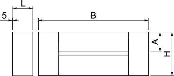 Technische Zeichnung eines rechteckigen Objekts mit den Maßen 5, L, B, A und H, die verschiedene Dimensionen markieren.