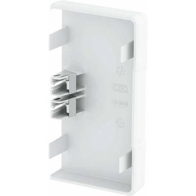 Ein weißes elektrisches Anschlussgehäuse mit internen Halterungen und zwei Steckplatzöffnungen. Geeignet für DIN-Schienenmontage.