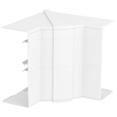 Weißer Kunststoff-Eckverbinder für Kabelkanäle mit drei seitlichen Öffnungen und abgewinkeltem Design für Eckenmontage.