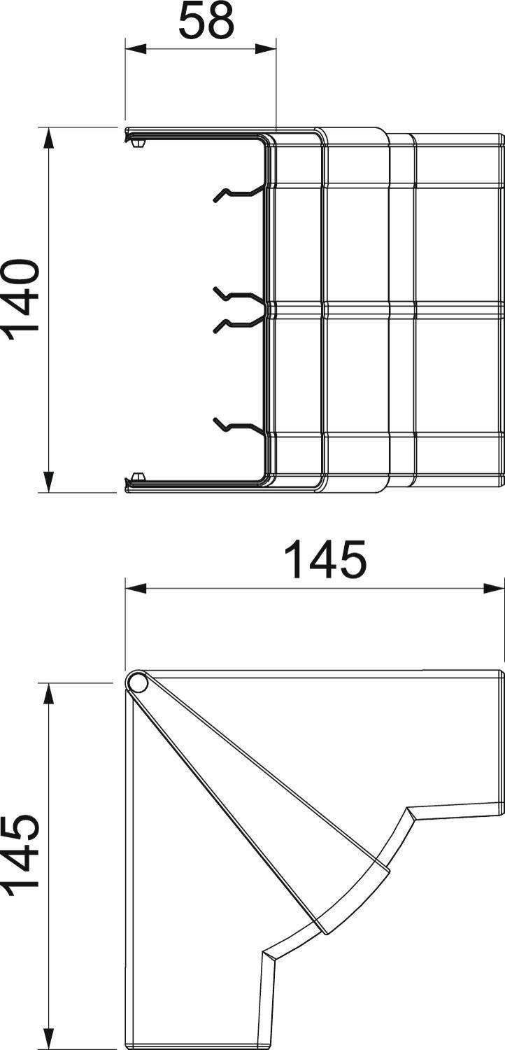 Technische Zeichnung eines Lüftungsteil-Profils in Seiten- und Draufsicht mit den Maßen 140x145mm und 58mm Tiefe.