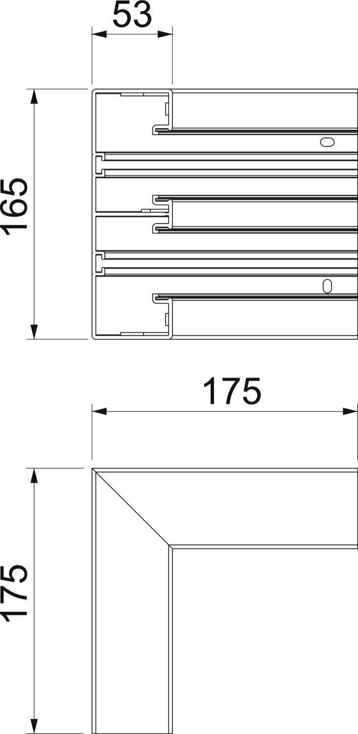 Technische Zeichnung eines rechteckigen Bauteils mit den Maßen 165x53 mm und 175x175 mm, zeigt Kanten und Verbindungen.