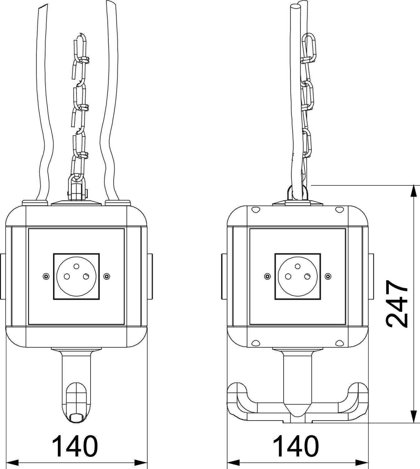 Technische Zeichnung eines quadratischen Geräts mit Maßen 140 x 140 x 247 mm. Zwei unterschiedliche Ansichten, Draufsicht und Seitenansicht.