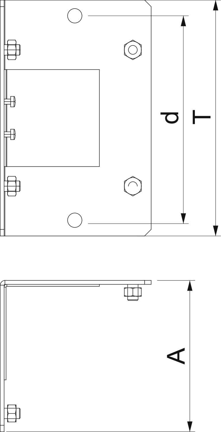 Technische Zeichnung eines Metallwinkels mit Maßen: d, T und A. Links Schrauben und Aufhängung gezeigt.