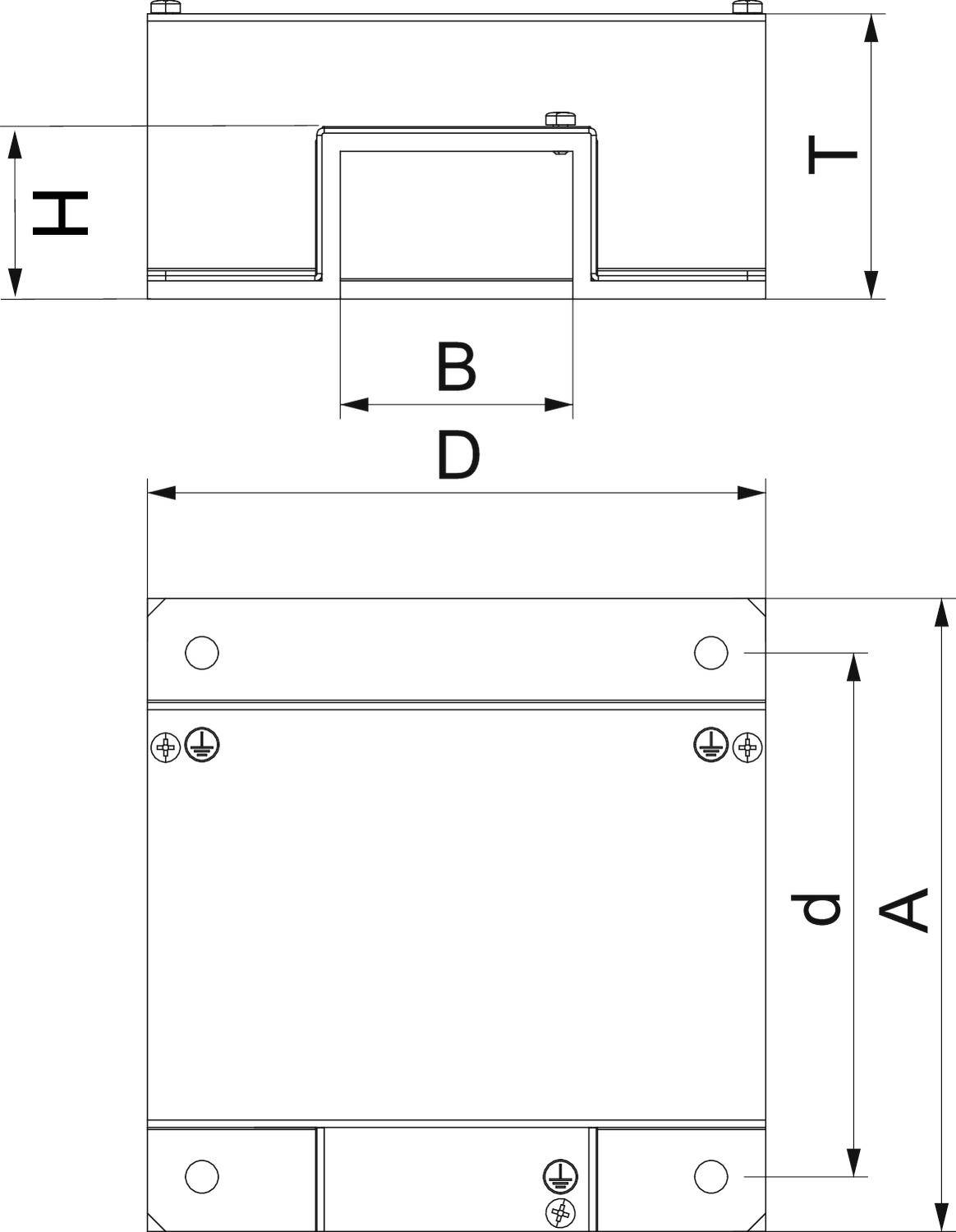 Technische Zeichnung eines rechteckigen Bauteils mit den Maßen H, B, T, D, d, und A. Zeigt Front- und Seitenansicht mit Schraubpunkten.