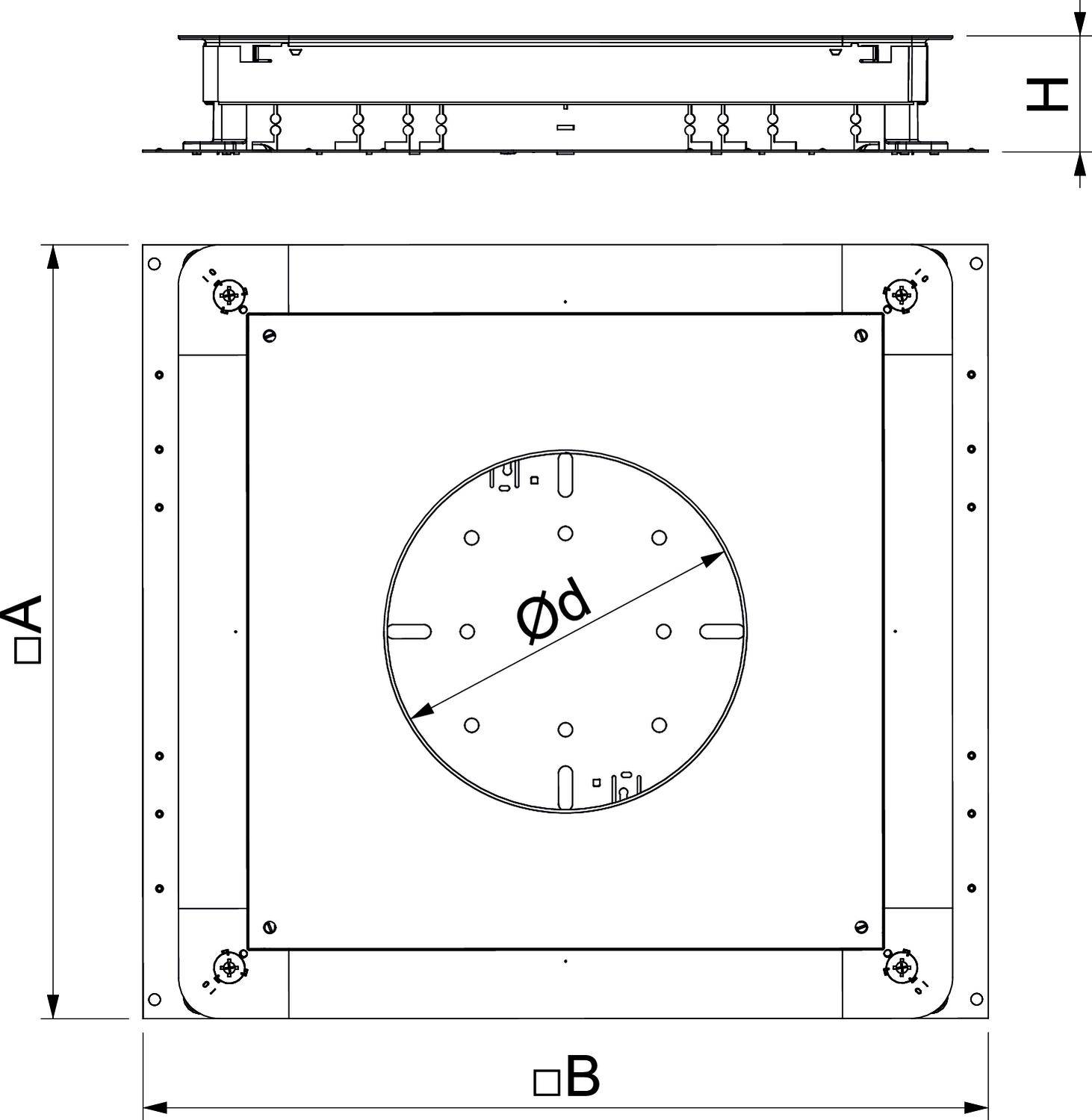 Technische Zeichnung einer quadratischen Platte mit kreisförmigem Ausschnitt in der Mitte. Maße: Höhe 'H', Breite 'B', Durchmesser 'Ød'.