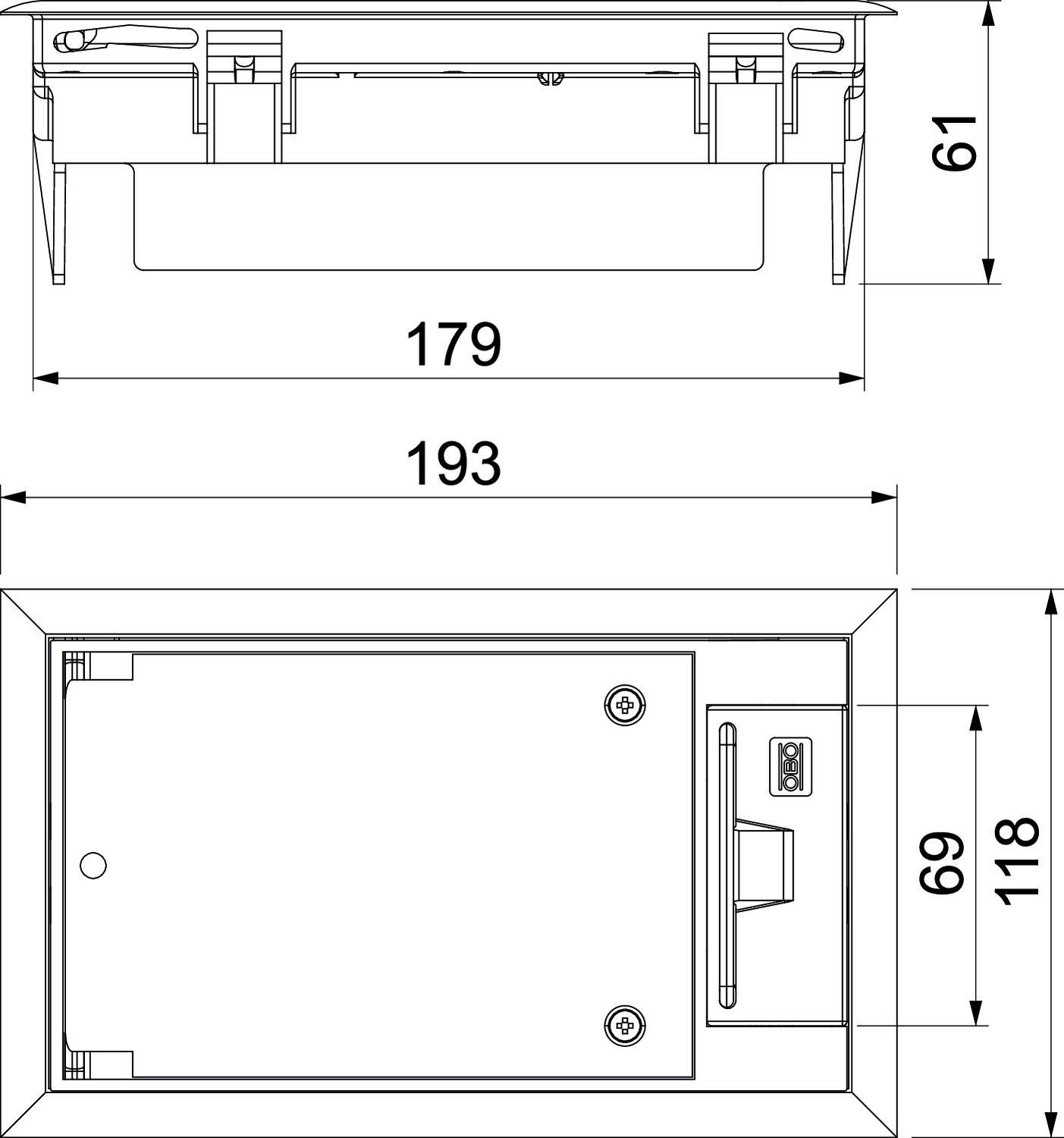 Technische Zeichnung eines rechteckigen Geräts mit Abmessungen: Breite 193 mm, Höhe 118 mm, Tiefe 61 mm, detaillierte Anschlüsse erkennbar.