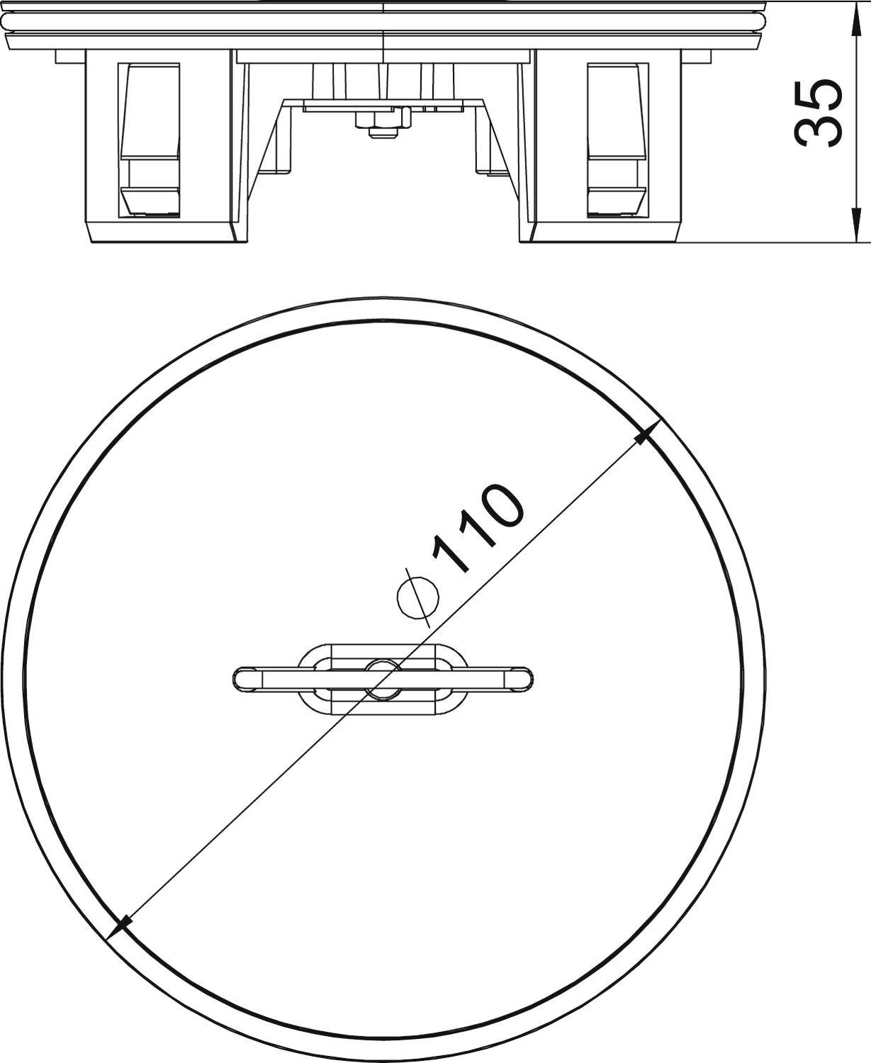 Technische Zeichnung eines runden Deckels mit einem Durchmesser von 110 mm und einer Höhe von 35 mm. Obere und seitliche Ansicht.